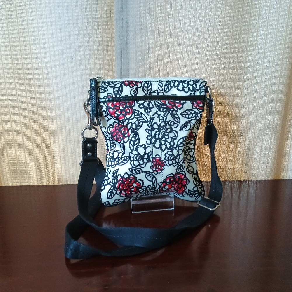 Coach Crossbody Bag White with Black Floral Outline and Red Accents